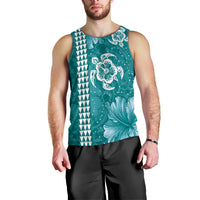 Teal Hibiscus Turle Men Tank Top Hawaiian Style Tribal Tapa Pattern