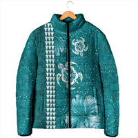 Teal Hibiscus Turle Padded Jacket Hawaiian Style Tribal Tapa Pattern - Polynesian Pride