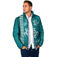 Teal Hibiscus Turle Padded Jacket Hawaiian Style Tribal Tapa Pattern - Polynesian Pride