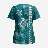 Teal Hibiscus Turle Scrub Top Hawaiian Style Tribal Tapa Pattern - Polynesian Pride