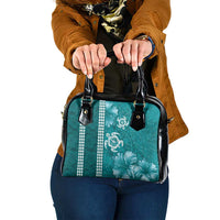 Teal Hibiscus Turle Shoulder Handbag Hawaiian Style Tribal Tapa Pattern