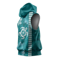 Teal Hibiscus Turle Sleeveless Hoodie Hawaiian Style Tribal Tapa Pattern - Polynesian Pride