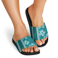 Teal Hibiscus Turle Slide Sandals Hawaiian Style Tribal Tapa Pattern - Polynesian Pride