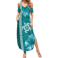 Teal Hibiscus Turle Summer Maxi Dress Hawaiian Style Tribal Tapa Pattern