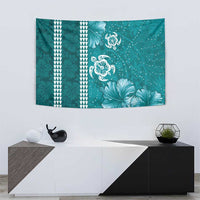 Teal Hibiscus Turle Tapestry Hawaiian Style Tribal Tapa Pattern