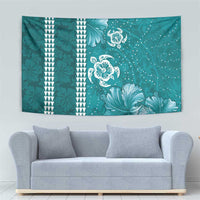 Teal Hibiscus Turle Tapestry Hawaiian Style Tribal Tapa Pattern