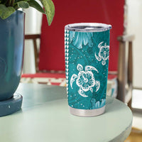 Teal Hibiscus Turle Tumbler Cup Hawaiian Style Tribal Tapa Pattern