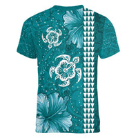 Teal Hibiscus Turle Women V-Neck T-Shirt Hawaiian Style Tribal Tapa Pattern