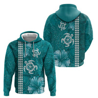 Teal Hibiscus Turle Zip Hoodie Hawaiian Style Tribal Tapa Pattern