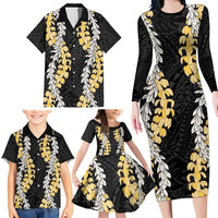 Puakenikeni and Maile Lei Family Matching Long Sleeve Bodycon Dress and Hawaiian Shirt Black Double Strand Lei