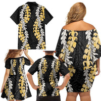Puakenikeni and Maile Lei Family Matching Off Shoulder Short Dress and Hawaiian Shirt Black Double Strand Lei