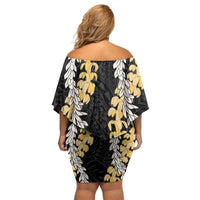 Puakenikeni and Maile Lei Family Matching Off Shoulder Short Dress and Hawaiian Shirt Black Double Strand Lei