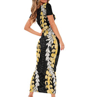 Puakenikeni and Maile Lei Family Matching Short Sleeve Bodycon Dress and Hawaiian Shirt Black Double Strand Lei