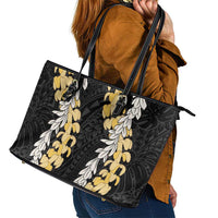 Puakenikeni and Maile Lei Leather Tote Bag Black Double Strand Lei