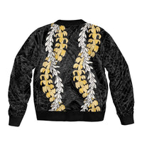 Puakenikeni and Maile Lei Sleeve Zip Bomber Jacket Black Double Strand Lei LT9 - Polynesian Pride