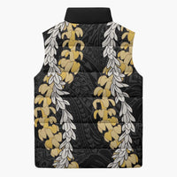 Puakenikeni and Maile Lei Sleeveless Puffer Jacket Black Double Strand Lei - Polynesian Pride