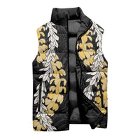 Puakenikeni and Maile Lei Sleeveless Puffer Jacket Black Double Strand Lei - Polynesian Pride