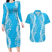 Puakenikeni and Maile Lei Couples Matching Long Sleeve Bodycon Dress and Hawaiian Shirt Blue Double Strand Lei