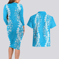 Puakenikeni and Maile Lei Couples Matching Long Sleeve Bodycon Dress and Hawaiian Shirt Blue Double Strand Lei