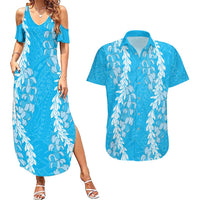 Puakenikeni and Maile Lei Couples Matching Summer Maxi Dress and Hawaiian Shirt Blue Double Strand Lei