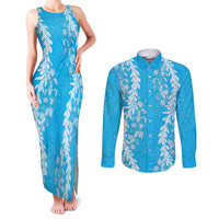 Puakenikeni and Maile Lei Couples Matching Tank Maxi Dress and Long Sleeve Button Shirt Blue Double Strand Lei