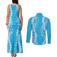 Puakenikeni and Maile Lei Couples Matching Tank Maxi Dress and Long Sleeve Button Shirt Blue Double Strand Lei