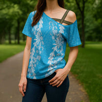 Puakenikeni and Maile Lei Cross Shoulder Shirt Blue Double Strand Lei LT9 - Polynesian Pride