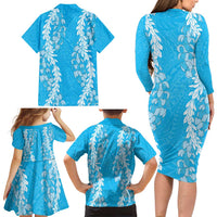 Puakenikeni and Maile Lei Family Matching Long Sleeve Bodycon Dress and Hawaiian Shirt Blue Double Strand Lei