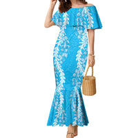 Puakenikeni and Maile Lei Family Matching Mermaid Dress and Hawaiian Shirt Blue Double Strand Lei