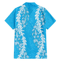 Puakenikeni and Maile Lei Family Matching Off The Shoulder Long Sleeve Dress and Hawaiian Shirt Blue Double Strand Lei