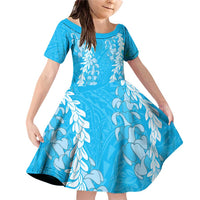 Puakenikeni and Maile Lei Family Matching Off Shoulder Short Dress and Hawaiian Shirt Blue Double Strand Lei