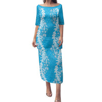 Puakenikeni and Maile Lei Family Matching Puletasi and Hawaiian Shirt Blue Double Strand Lei