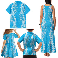 Puakenikeni and Maile Lei Family Matching Tank Maxi Dress and Hawaiian Shirt Blue Double Strand Lei
