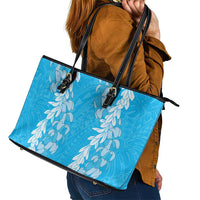 Puakenikeni and Maile Lei Leather Tote Bag Blue Double Strand Lei