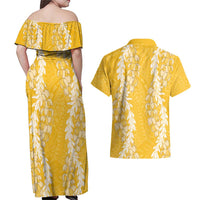 Puakenikeni and Maile Lei Couples Matching Off Shoulder Maxi Dress and Hawaiian Shirt Gold Double Strand Lei