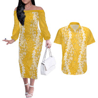Puakenikeni and Maile Lei Couples Matching Off The Shoulder Long Sleeve Dress and Hawaiian Shirt Gold Double Strand Lei LT9 Gold - Polynesian Pride