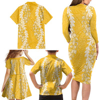 Puakenikeni and Maile Lei Family Matching Long Sleeve Bodycon Dress and Hawaiian Shirt Gold Double Strand Lei