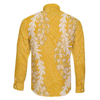 Puakenikeni and Maile Lei Family Matching Long Sleeve Bodycon Dress and Hawaiian Shirt Gold Double Strand Lei