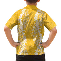 Puakenikeni and Maile Lei Family Matching Off The Shoulder Long Sleeve Dress and Hawaiian Shirt Gold Double Strand Lei