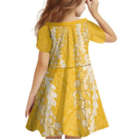 Puakenikeni and Maile Lei Family Matching Off The Shoulder Long Sleeve Dress and Hawaiian Shirt Gold Double Strand Lei
