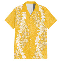Puakenikeni and Maile Lei Family Matching Off The Shoulder Long Sleeve Dress and Hawaiian Shirt Gold Double Strand Lei