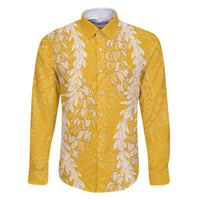 Puakenikeni and Maile Lei Family Matching Off The Shoulder Long Sleeve Dress and Hawaiian Shirt Gold Double Strand Lei