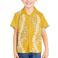 Puakenikeni and Maile Lei Family Matching Off The Shoulder Long Sleeve Dress and Hawaiian Shirt Gold Double Strand Lei