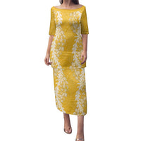 Puakenikeni and Maile Lei Family Matching Puletasi and Hawaiian Shirt Gold Double Strand Lei