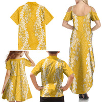 Puakenikeni and Maile Lei Family Matching Summer Maxi Dress and Hawaiian Shirt Gold Double Strand Lei