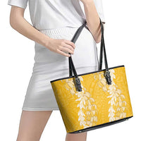 Puakenikeni and Maile Lei Leather Tote Bag Gold Double Strand Lei