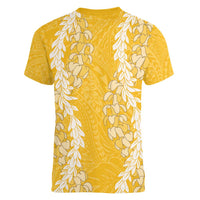 Puakenikeni and Maile Lei Women V-Neck T-Shirt Gold Double Strand Lei