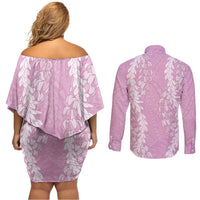 Puakenikeni and Maile Lei Couples Matching Off Shoulder Short Dress and Long Sleeve Button Shirt Pink Double Strand Lei