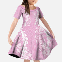Puakenikeni and Maile Lei Family Matching Off The Shoulder Long Sleeve Dress and Hawaiian Shirt Pink Double Strand Lei LT9 Daughter's Dress Pink - Polynesian Pride