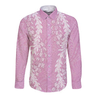 Puakenikeni and Maile Lei Long Sleeve Button Shirt Pink Double Strand Lei